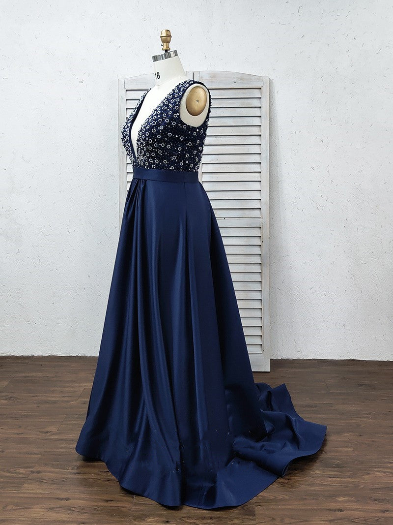 Luolandi Formal Deep V-Neck Open Back Long Beading Satin Evening Dresses Prom Dresses Sexy