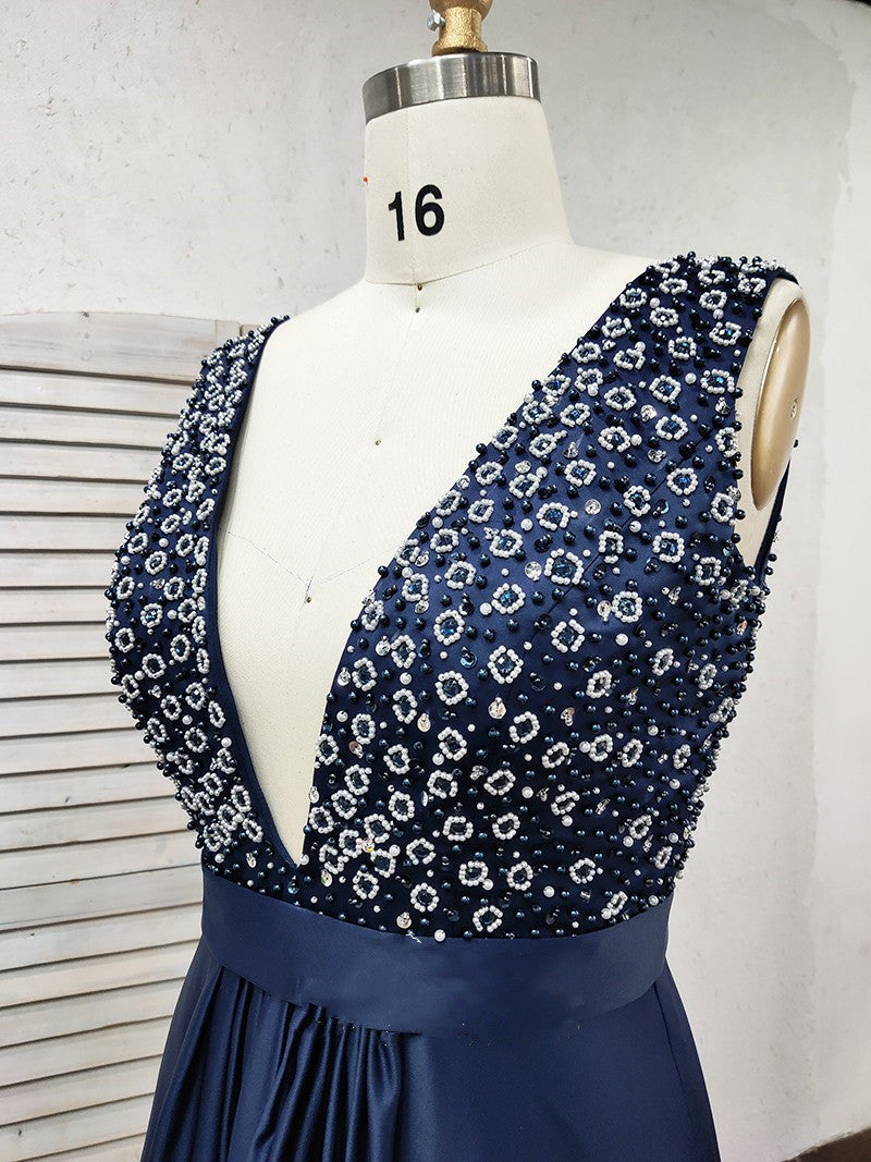 Luolandi Formal Deep V-Neck Open Back Long Beading Satin Evening Dresses Prom Dresses Sexy