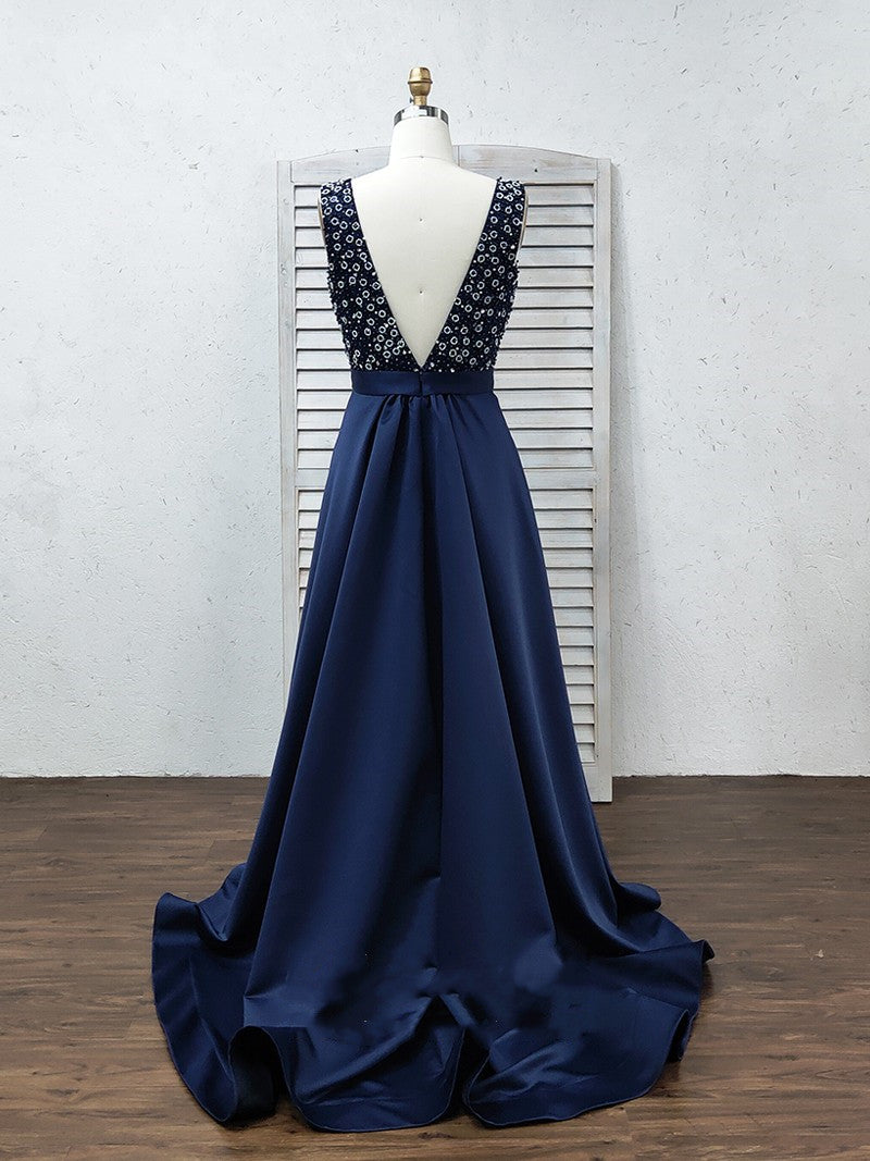 Luolandi Formal Deep V-Neck Open Back Long Beading Satin Evening Dresses Prom Dresses Sexy