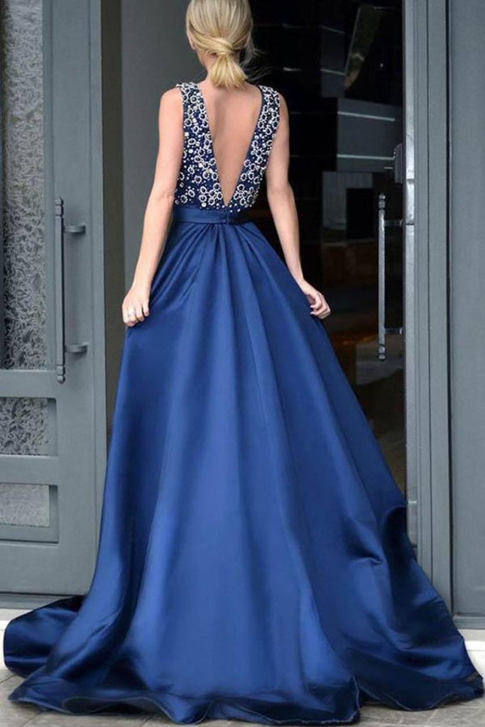 Luolandi Formal Deep V-Neck Open Back Long Beading Satin Evening Dresses Prom Dresses Sexy