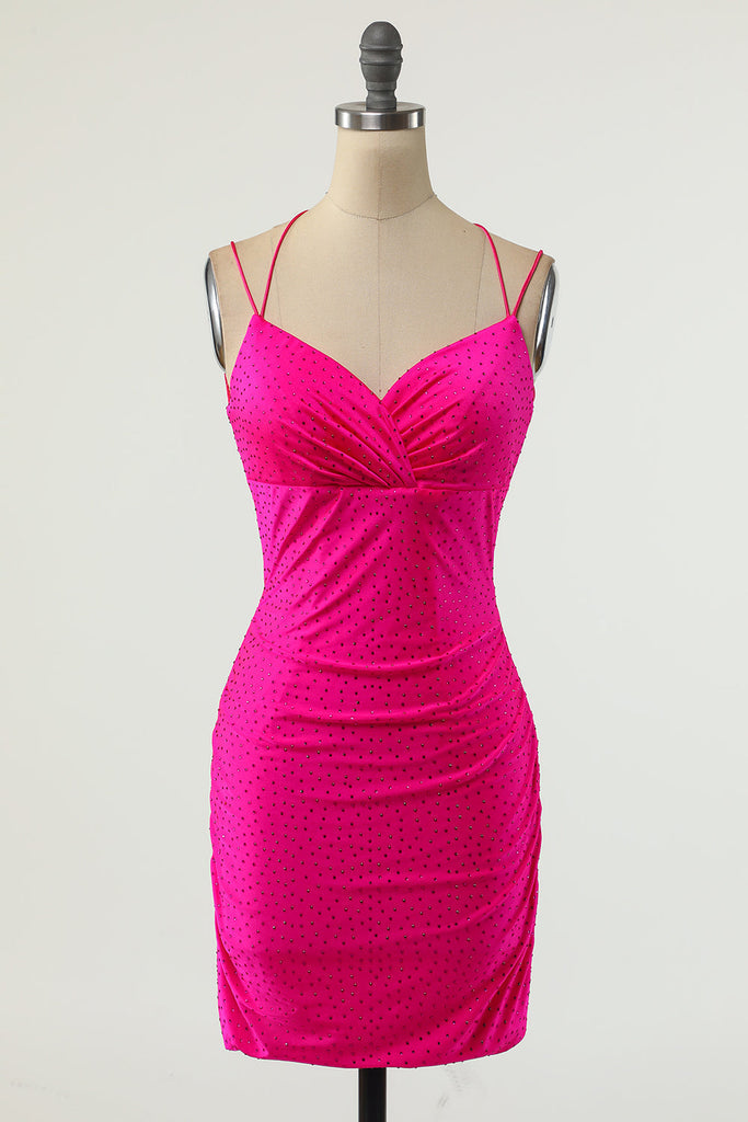 Luolandi Sexy V-Neck Sleeveless Short Backless Fuchsia Prom/Homecoming Dress with Sequins Off Shoulder