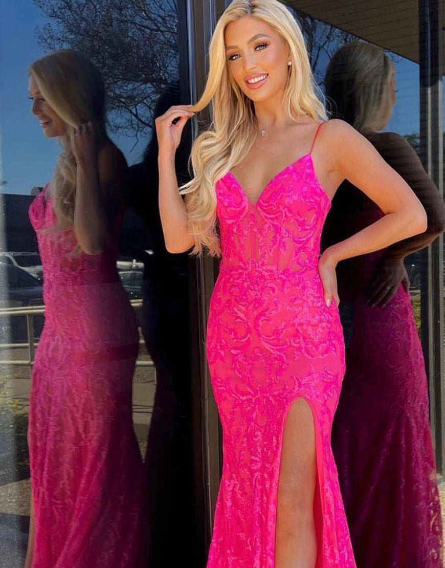 Luolandi V-neck Glitter Slit Prom Dress Floor Length Sexy Evening Dress