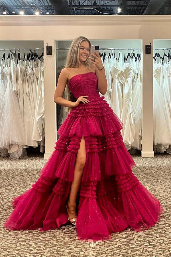 Luolandi A-Line Strapless Tulle Long Prom Dress with Tiered Ruffles Off Shoulder Evening Dress