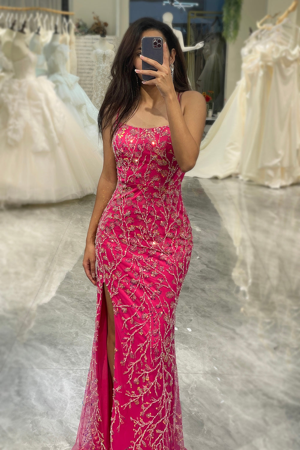 Luolandi Sparkly Fuchsia Mermaid Long Sequins Prom Dress With Slit Floor Length Sexy