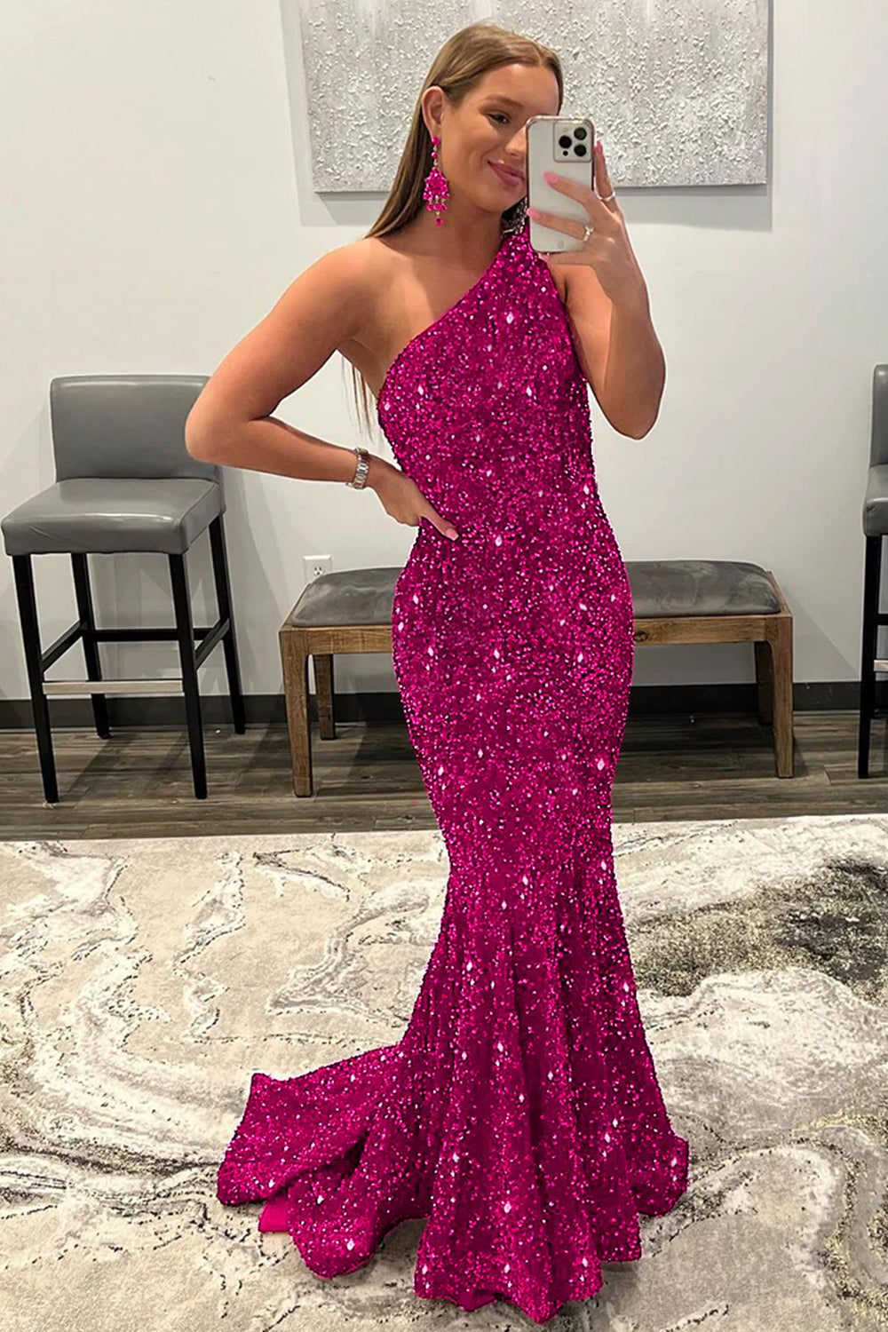 Luolandi Burgundy One Shoulder Mermaid Sequins Long Prom Dress Sparkly Evening Dress