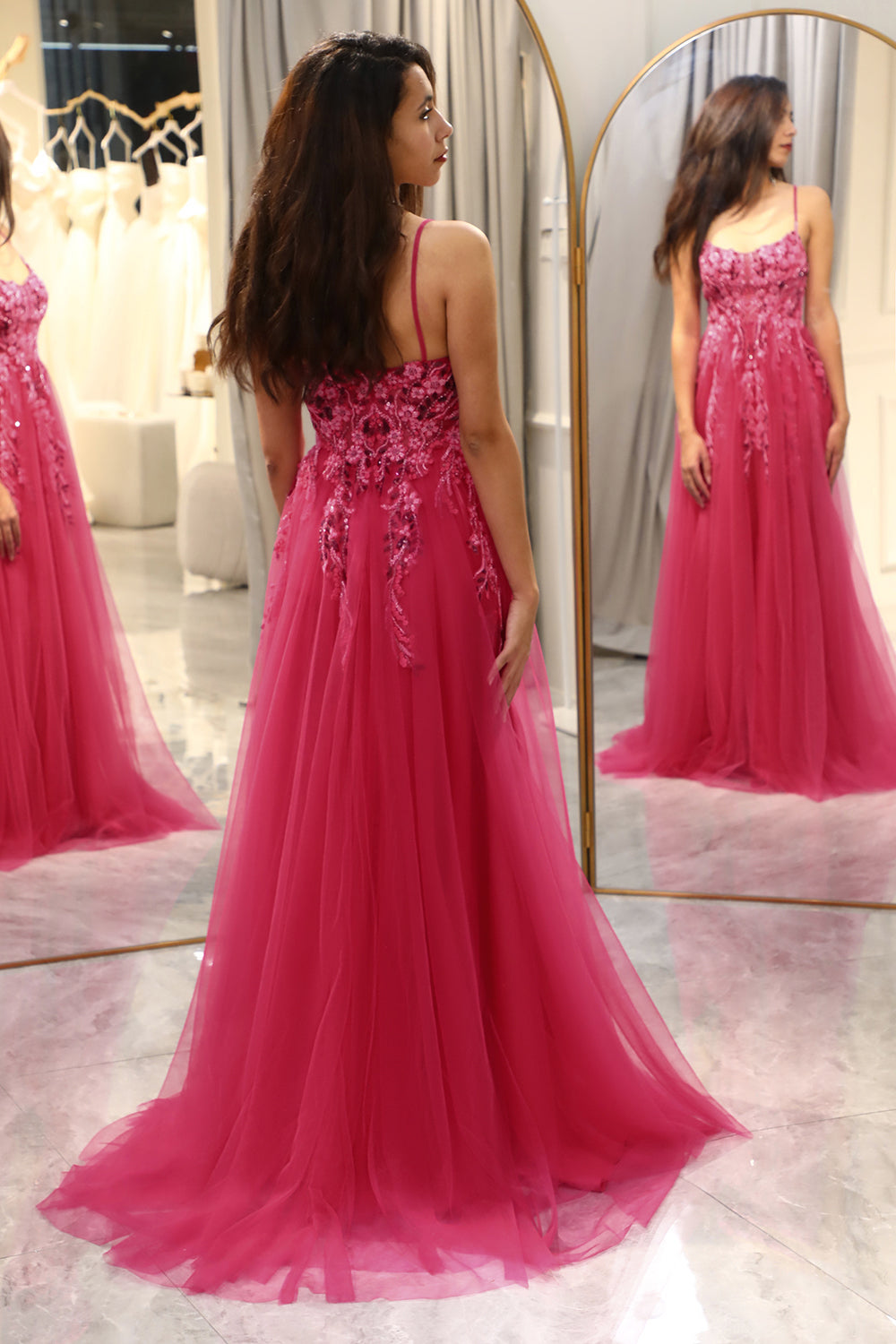 Luolandi A Line Fuchsia Spaghetti Straps Tulle Long Prom Dress With Appliques Beautiful