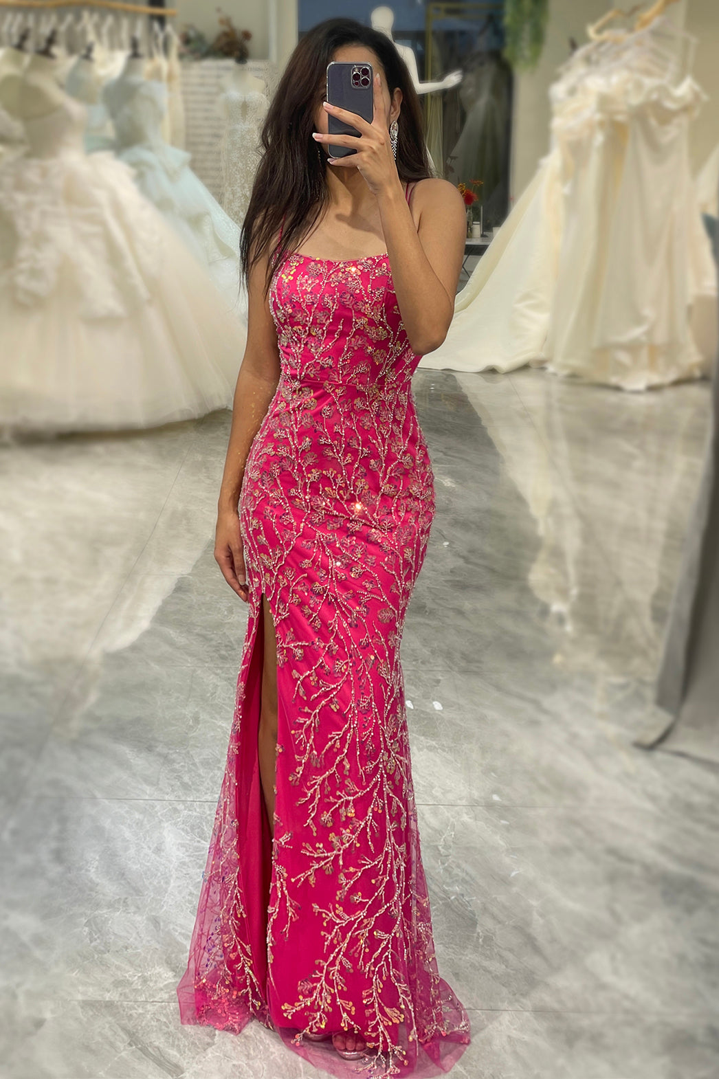 Luolandi Sparkly Fuchsia Mermaid Long Sequins Prom Dress With Slit Floor Length Sexy
