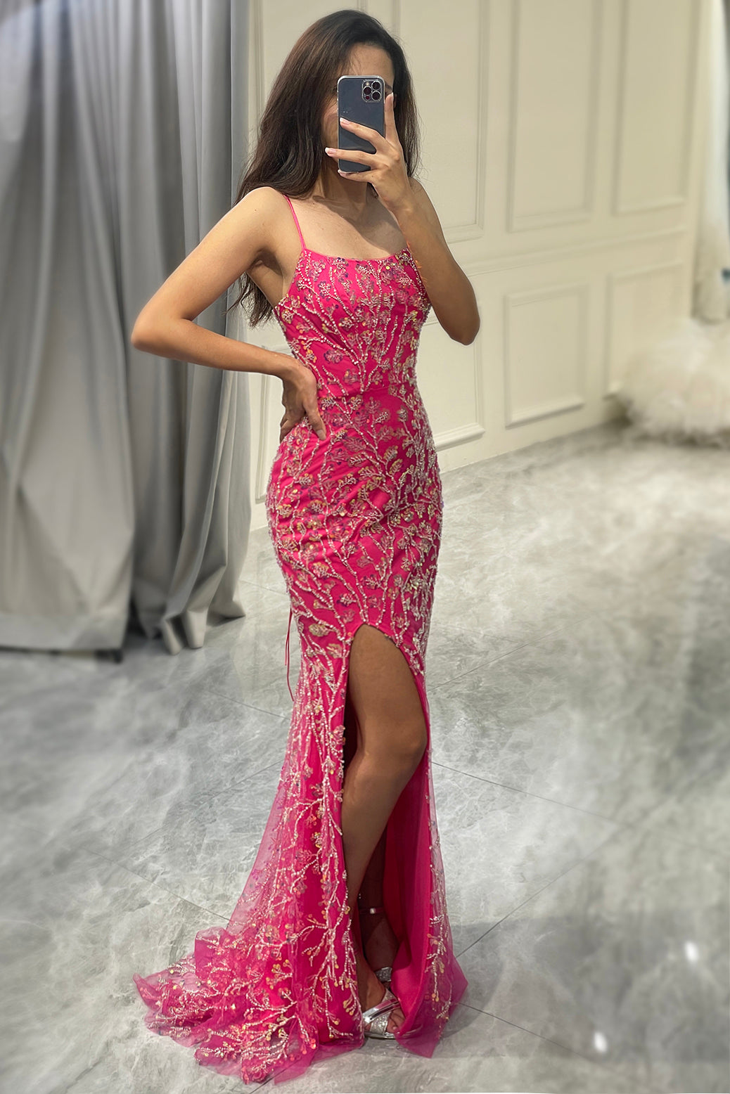 Luolandi Sparkly Fuchsia Mermaid Long Sequins Prom Dress With Slit Floor Length Sexy