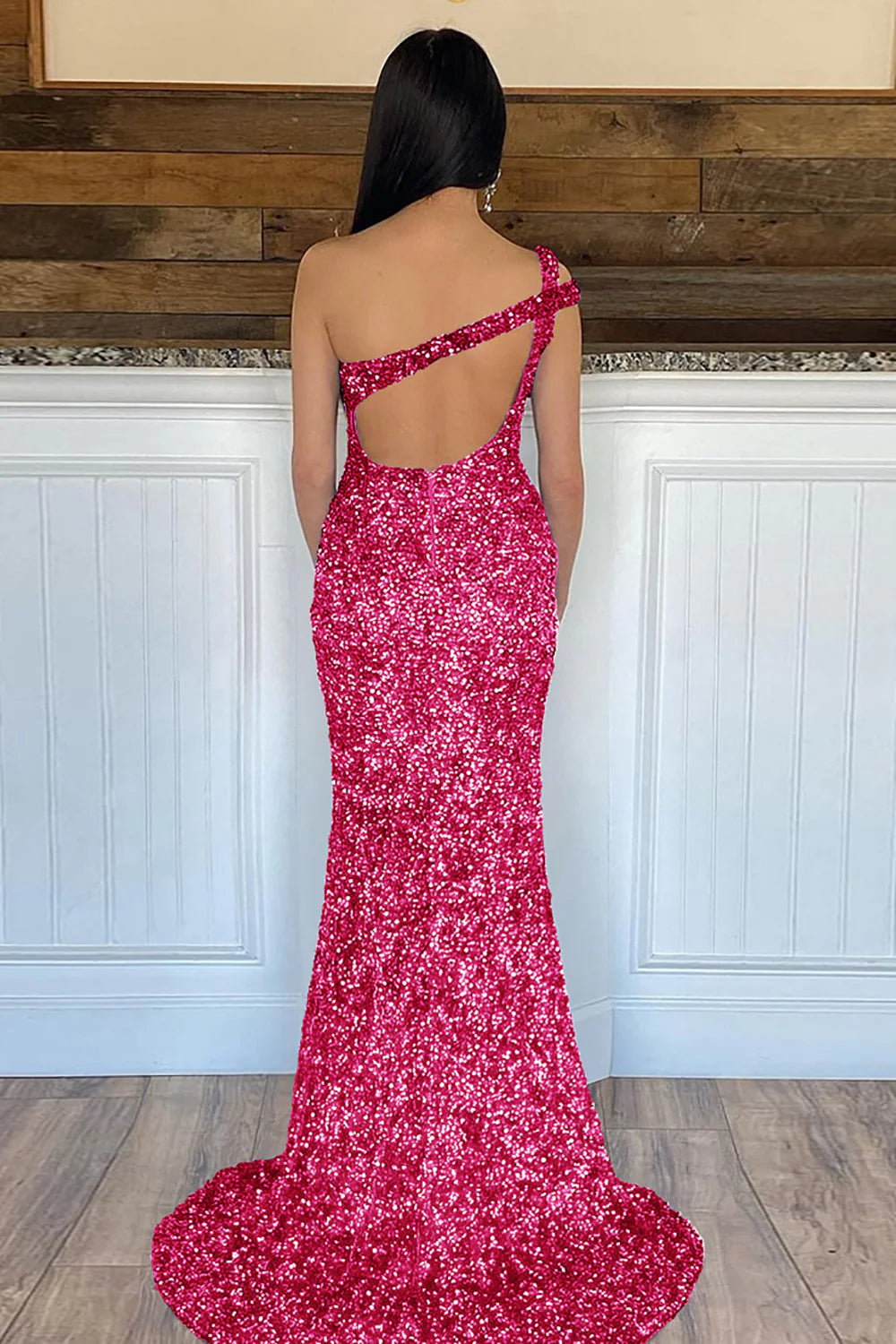 Luolandi Sparkly Sequins Black Mermaid One Shoulder Long Prom Dress With Slit Sexy Evening Dress