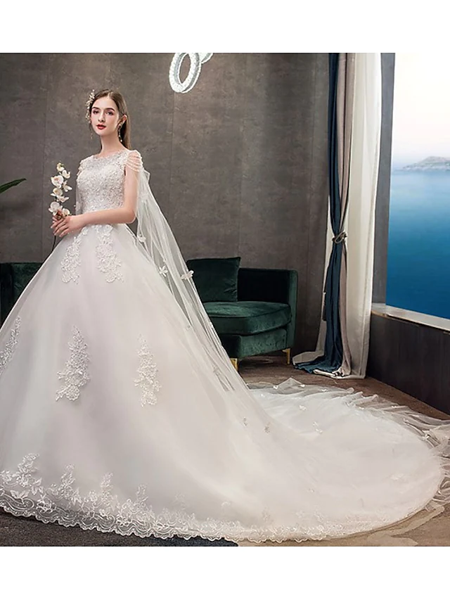 Luolandi Princess Ball Gown Wedding Dresses Jewel Neck Chapel Train Lace Tulle Sleeveless Formal Luxurious