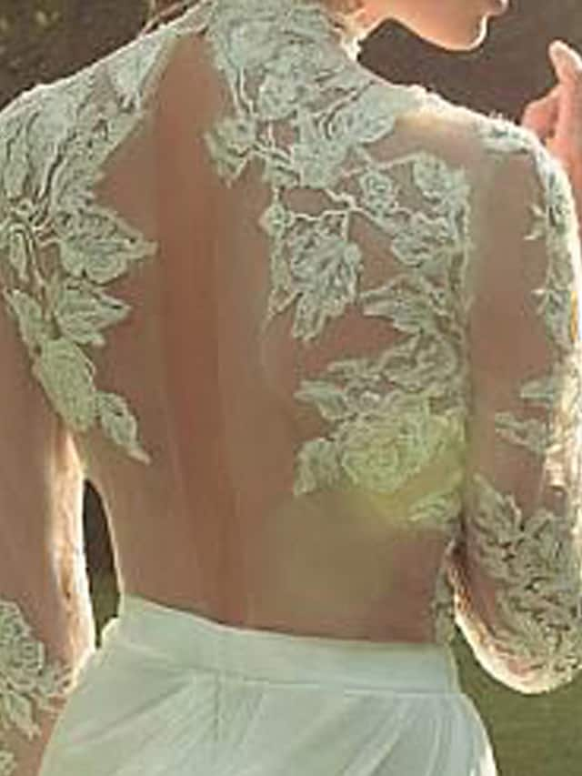 Luolandi A-Line Wedding Dresses High Neck Court Train Lace Polyester Long Sleeve Country Illusion Sleeve with Lace Insert Appliques