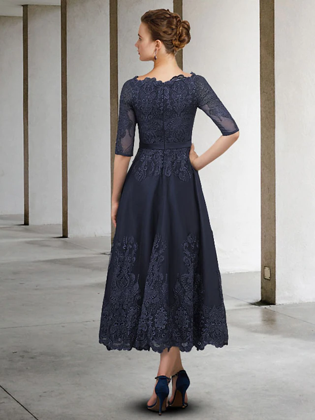 Luolandi A-Line Mother of the Bride Dress Elegant Jewel Neck Ankle Length Lace Tulle Half Sleeve