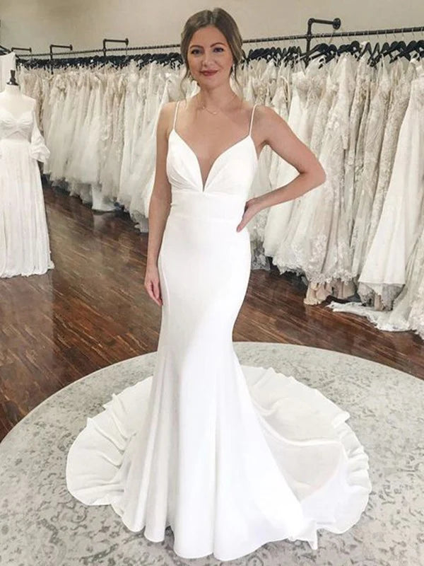 Luolandi Sheath/Column Crepe Ruched V-neck Sleeveless Court Train Wedding Dresses Solid Color