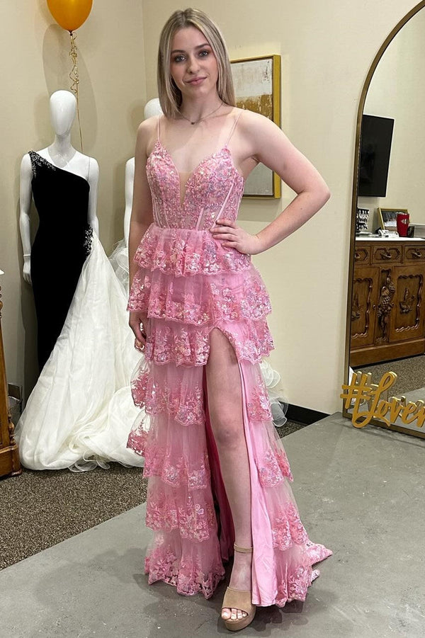 Luolandi Pink Glitter Appliques Lace-Up Ruffle Tiered Long Dress with Slit Prom Dress
