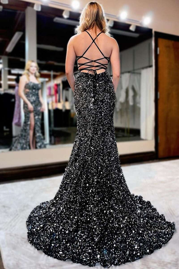 Luolandi Sequin Lace-Up Back Mermaid Long Prom Gown with Slit Sparkly Evening Dress