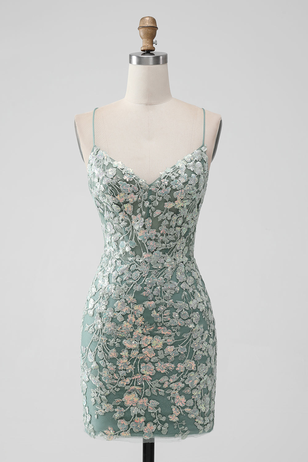 Luolandi Grey Green Bodycon Appliqued Lace-Up Back Short Homecoming Dress With Sequin Beautiful
