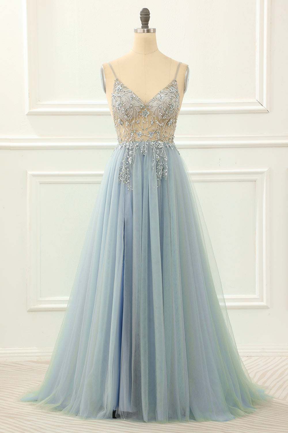 Luolandi Light Blue Beading Tulle A Line Sparkly Prom Dress V-neck Floor Length
