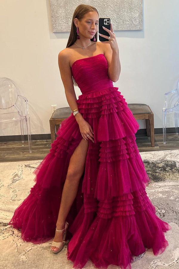 Luolandi A-Line Strapless Tulle Long Prom Dress with Tiered Ruffles Off Shoulder Evening Dress