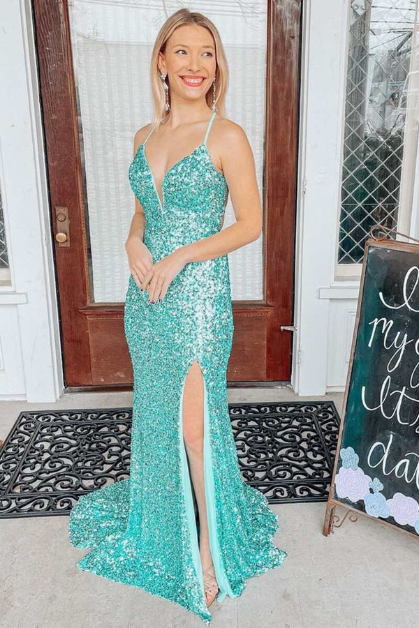 Luolandi Light Jade Sequin Lace-Up Back Mermaid Long Prom Dress Sparkly Evening Dress With Slit