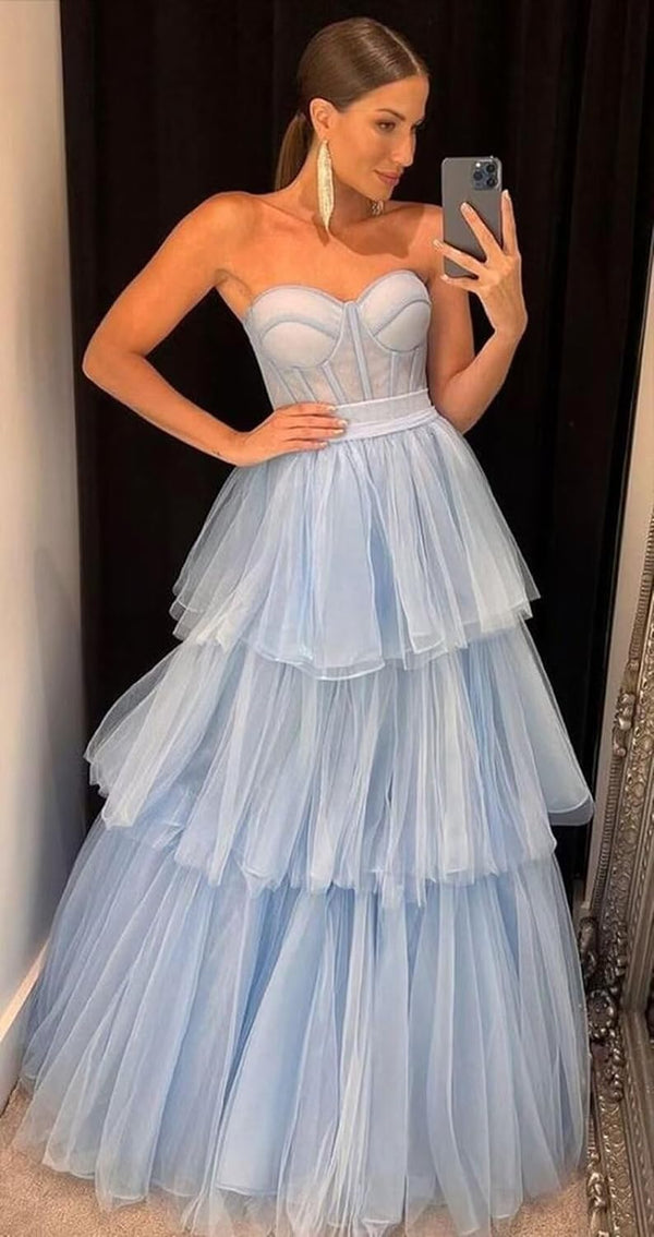 Luolandi A-line Tiered Ruffled Long Tulle Prom Dress Off Shoulder Sexy Evening Dress