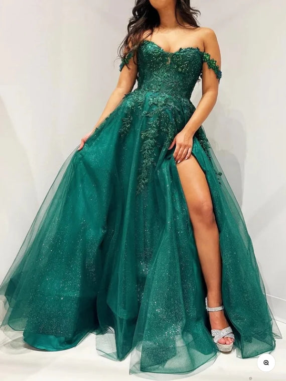 Luolandi Glitter Emerald Appliques Off-the-Shoulder A-Line Long Prom Dress With Slit