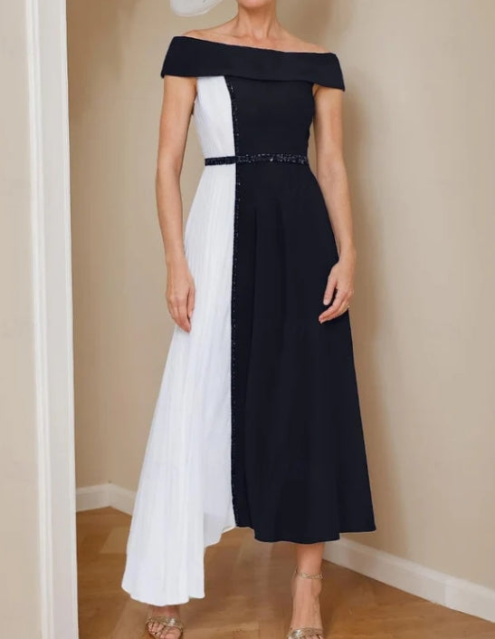 Luolandi A-Line Mother of the Bride Dress Formal Wedding Guest Elegant V Neck Tea Length Chiffon with Sash / Ribbon Party Dress