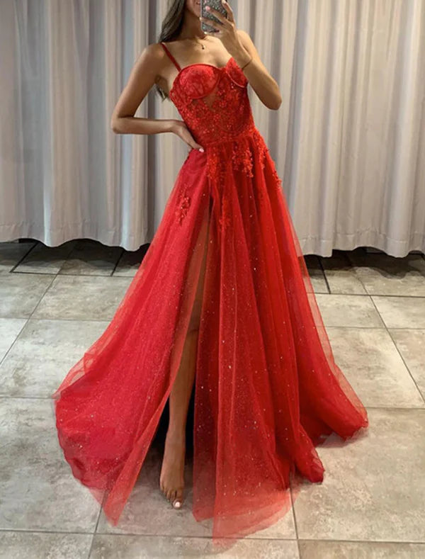Luolandi A-Line Prom Dress Red Green Dresses Corsets Dress Formal Wedding Party Sweep / Brush Train Sleeveless Spaghetti Strap Tulle with Slit