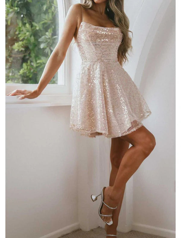 Luolandi A-Line Homecoming Dresses Sparkle & Shine Dress Party Wear Cocktail Party Short / Mini Sleeveless Spaghetti Strap Pink Dress Sequined