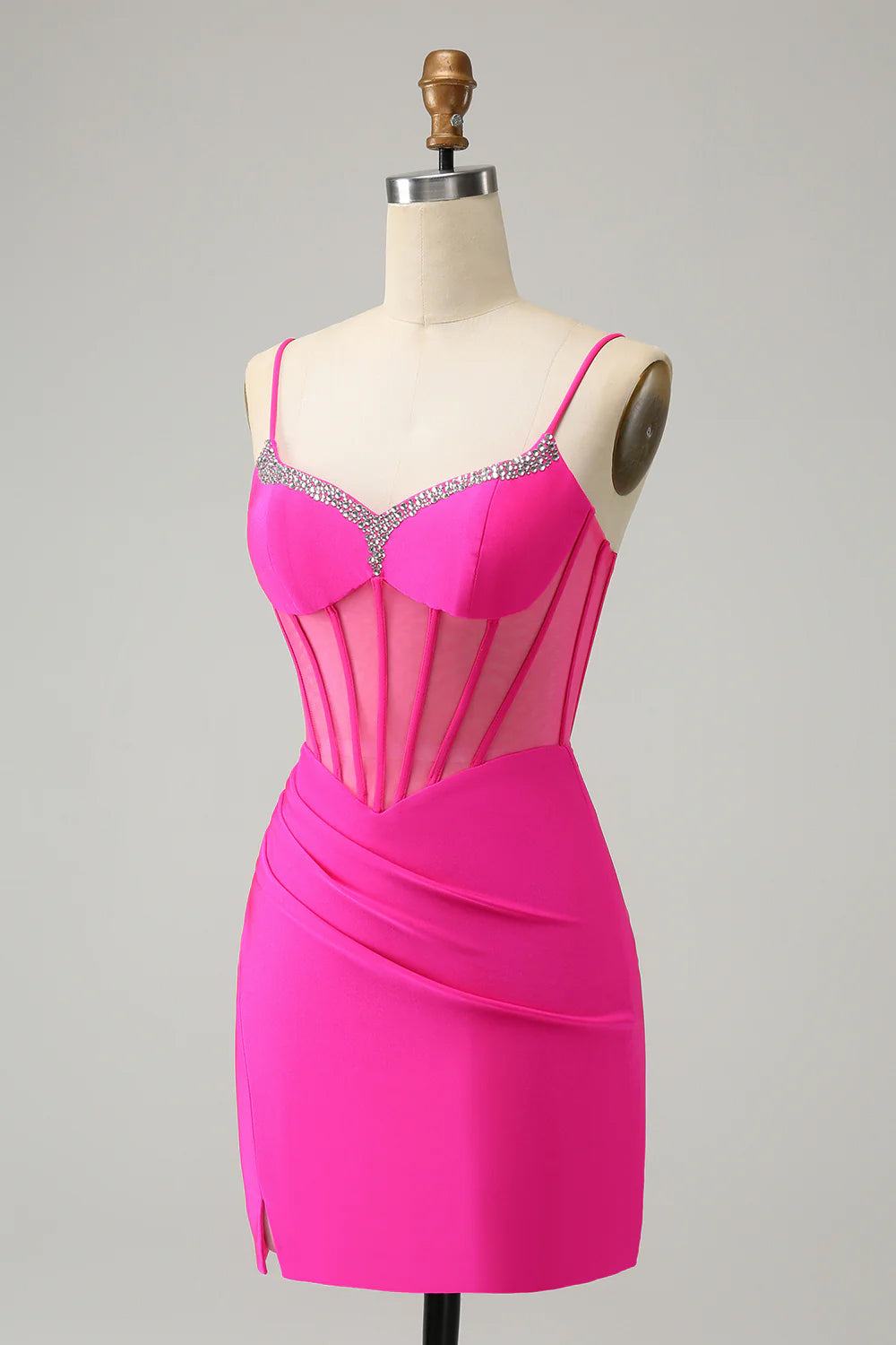 Luolandi Fuchsia Sequins Spaghetti Straps Satin Tight Homecoming Dress Short Party Dress
