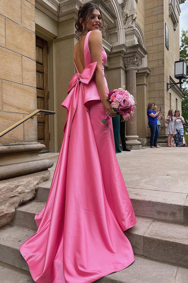Luolandi Cute Mermaid V Neck Pink Satin Long Prom Dresses with Big Bow Sexy Evening Dress