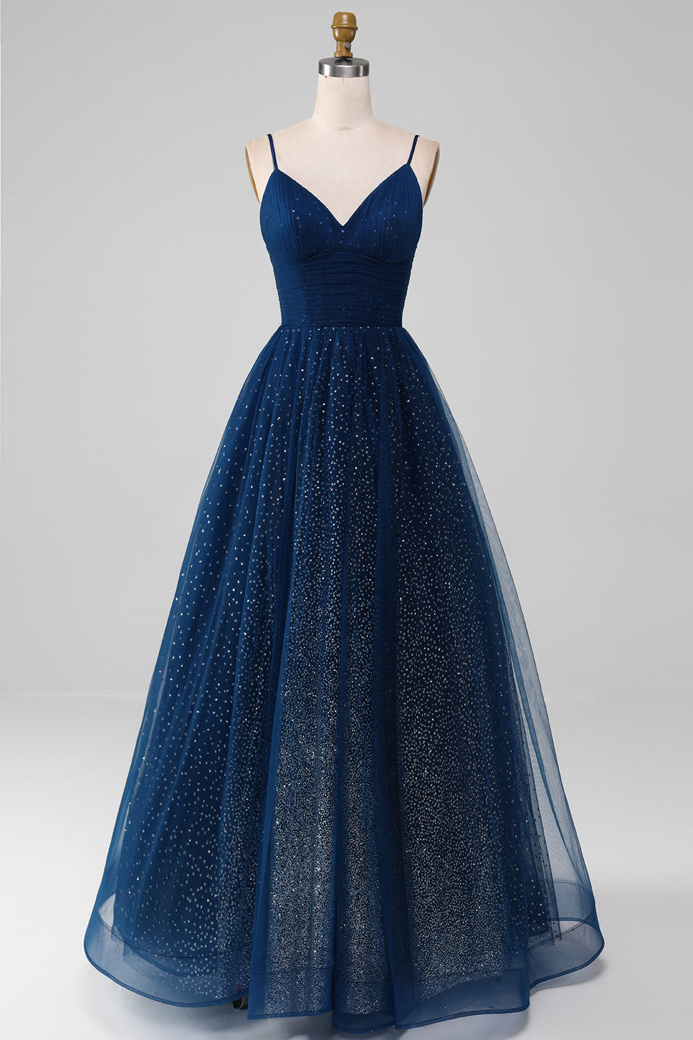 Luolandi Navy Ball-Gown Spaghetti Straps V-Neck Long Beaded Tulle Prom Dresses Sparkly