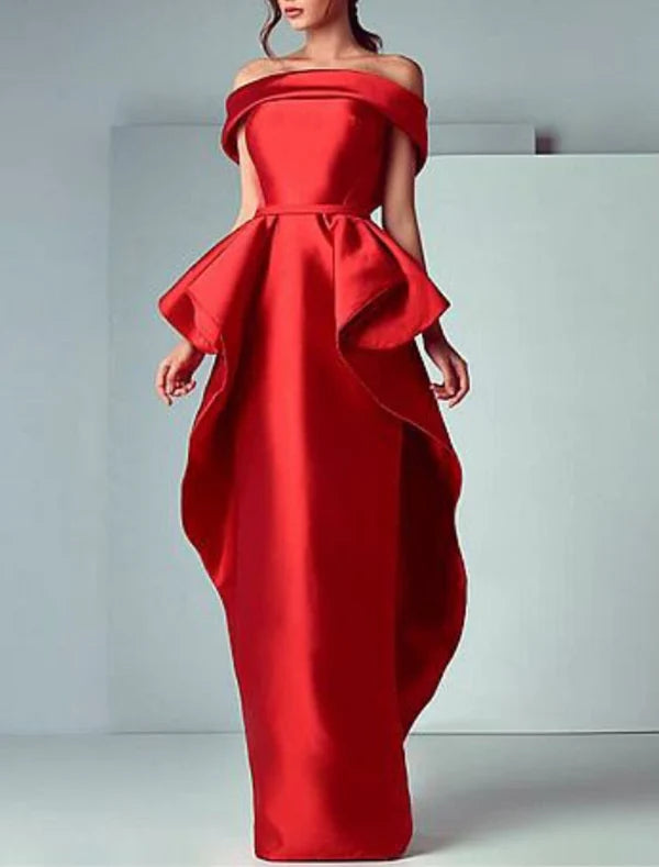 Luolandi Sheath / Column Beautiful Back Prom Formal Evening Valentine's Day Dress Off Shoulder Short Sleeve Floor Length Satin with Ruffles Tier Sexy