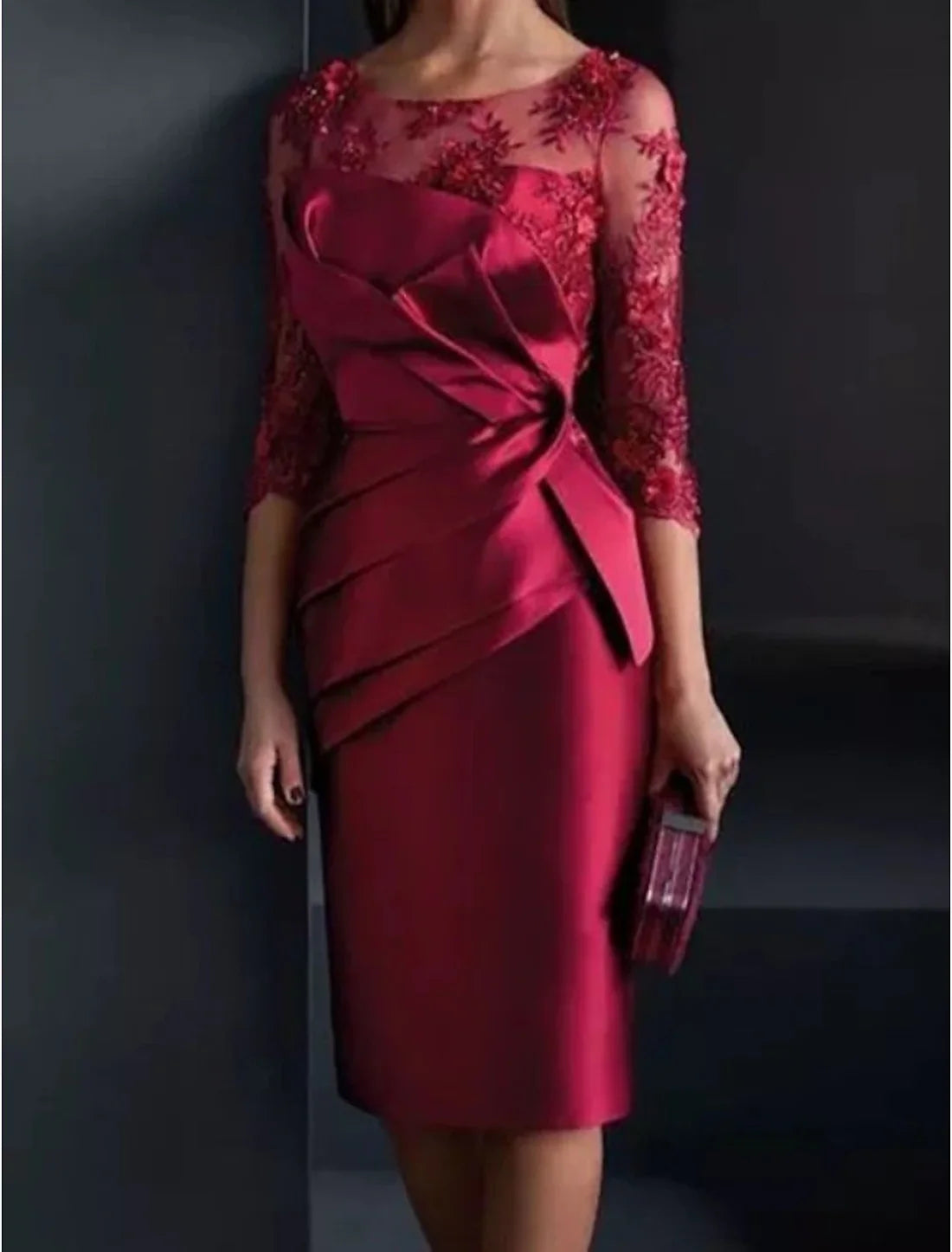 Luolandi Sheath / Column Mother of the Bride Dress Wedding Guest Elegant Illusion Neck Knee Length Satin Lace 3/4 Length Sleeve with Appliques