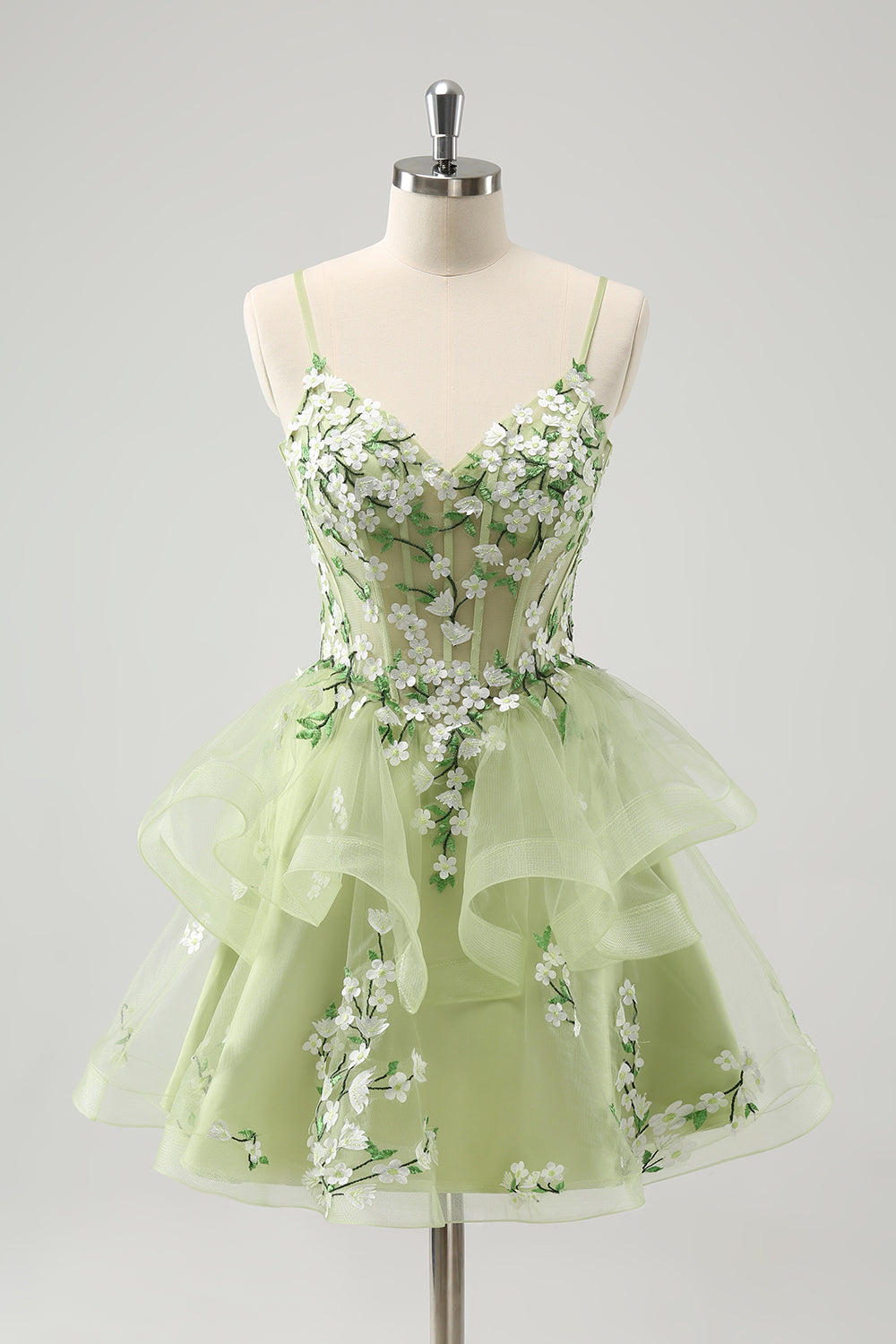 Luolandi Floral Light Green A Line Spaghetti Straps Corset Short Homecoming Dress with Appliqued Flowers