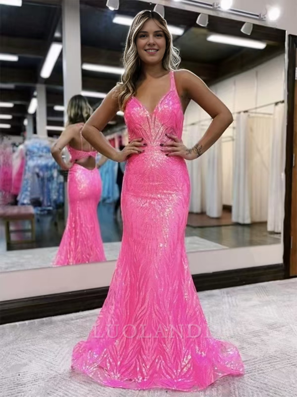 Luolandi Sheath V-neck Sleeveless Long Prom Dress Charming Evening Party Dress