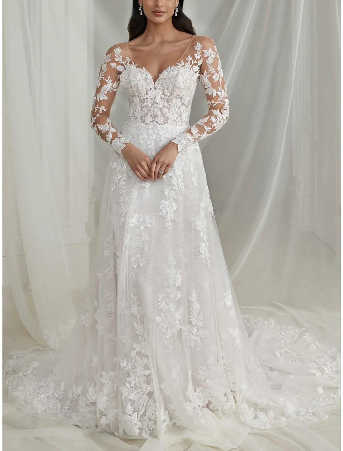 Luolandi Hall Formal Wedding Dresses A-Line V Neck Long Sleeve Court Train Lace Bridal Gowns With Pleats Solid Color Elegant