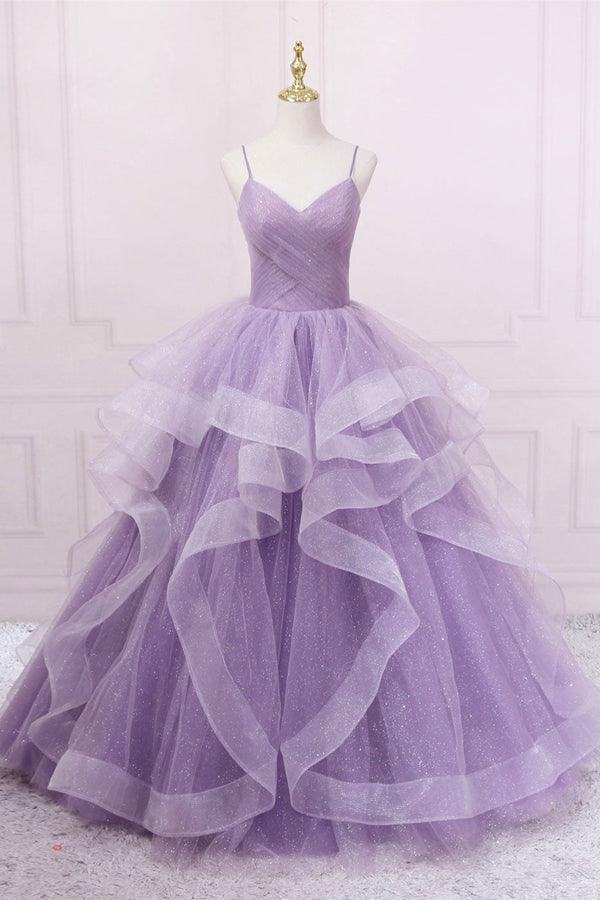 Luolandi Tulle Sequin Long Formal Prom Dress A Line Floor Length Sparkly Purple