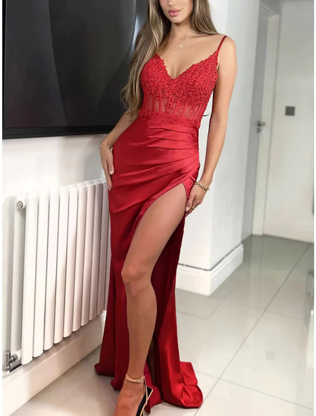 Luolandi Mermaid / Trumpet Prom Dresses Sexy Dress Party Wear Prom Sweep / Brush Train Sleeveless Spaghetti Strap Charmeuse with Slit Evening Dress