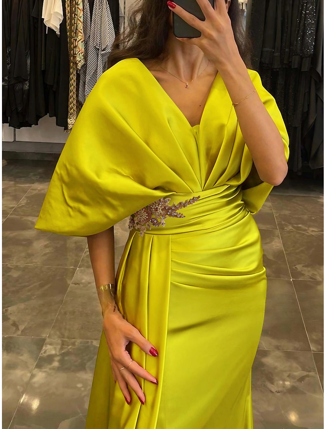 Luolandi Sheath / Column Evening Gown Elegant Dress Formal Sweep / Brush Train Half Sleeve V Neck Satin with Pleats Ruched Crystals Beautiful