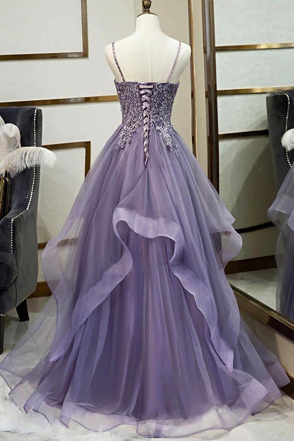 Luolandi Lace Tulle Spaghetti Straps Applique Prom Dress A Line Floor Length Beautiful