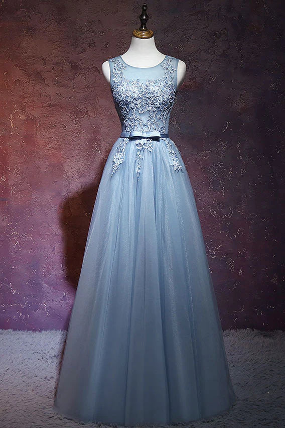Luolandi Gray blue tulle lace long prom dress evening dress A Line Sleeveless Formal Dress with Appliques