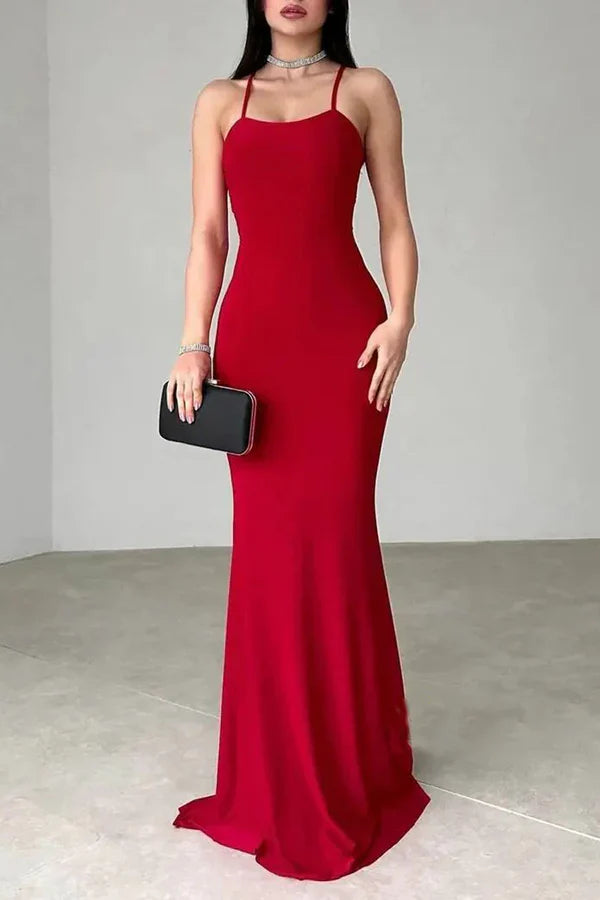 Luolandi Fitted boat shaped thin shoulder strap tied party prom dress Sexy Evening Dress