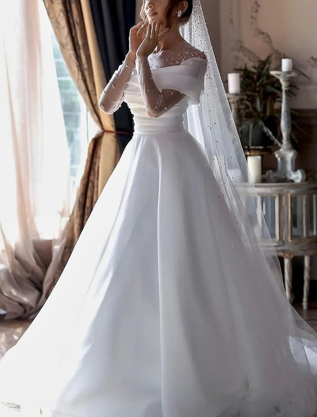 Luolandi Simple Wedding Dresses Wedding Dresses A-Line V Neck Long Sleeve Court Train Chiffon Bridal Gowns With Pleats Ruched Elegant Excluding veil