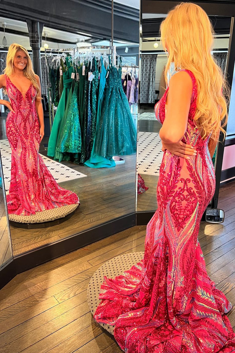 Luolandi Purple Mermaid V Neck Sequins Long Prom Dress Sparkly Sexy Evening Dress