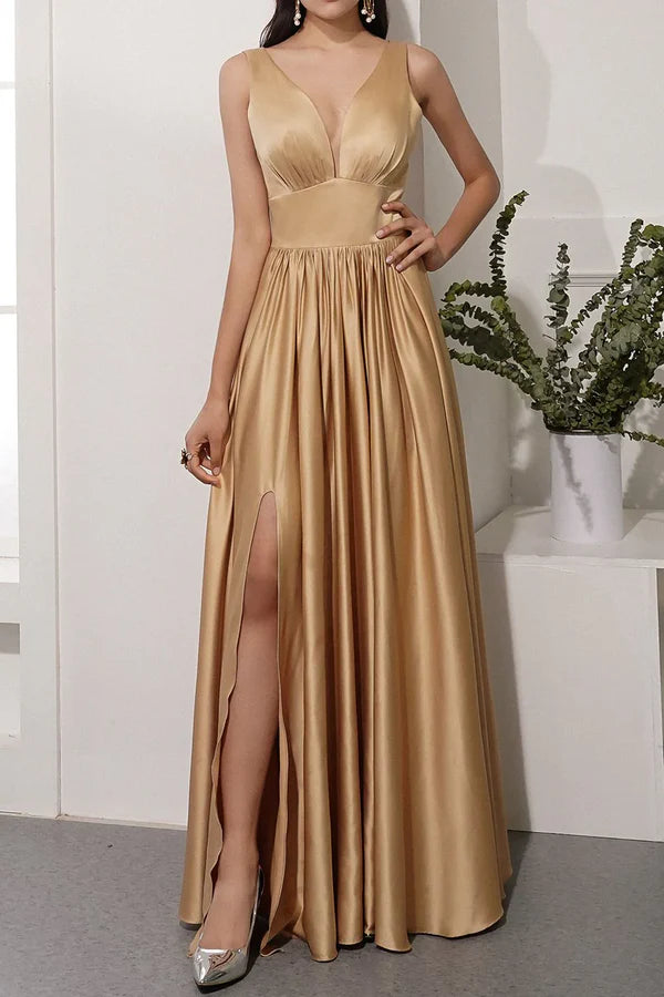 Luolandi Off shoulder satin backless and floor length front slit prom dress Sexy Evening Dress