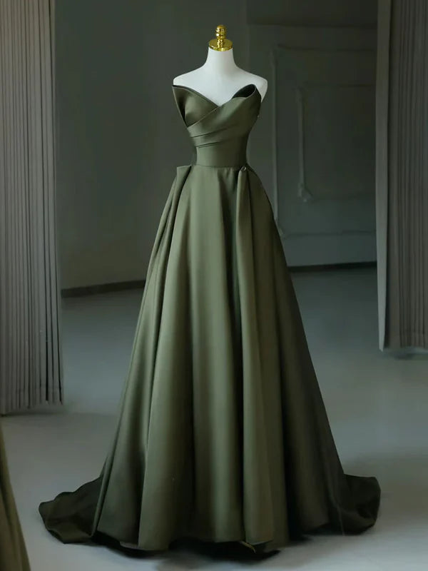 Luolandi A-Line V Neck Satin Green Long Prom Dress Court Train Dresses Off Shoulder Evening Dress