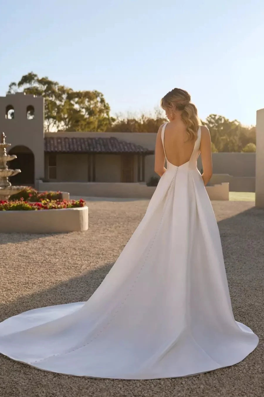 Luolandi Ivory Wedding Dress A Line V Neck Satin Backless Bridal Dress With Slit Simple Sexy