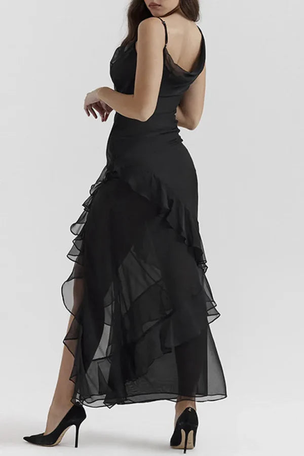 Luolandi Sexy solid color backless ruffled edge slit asymmetrical diagonal collar irregular prom dress Evening Dress