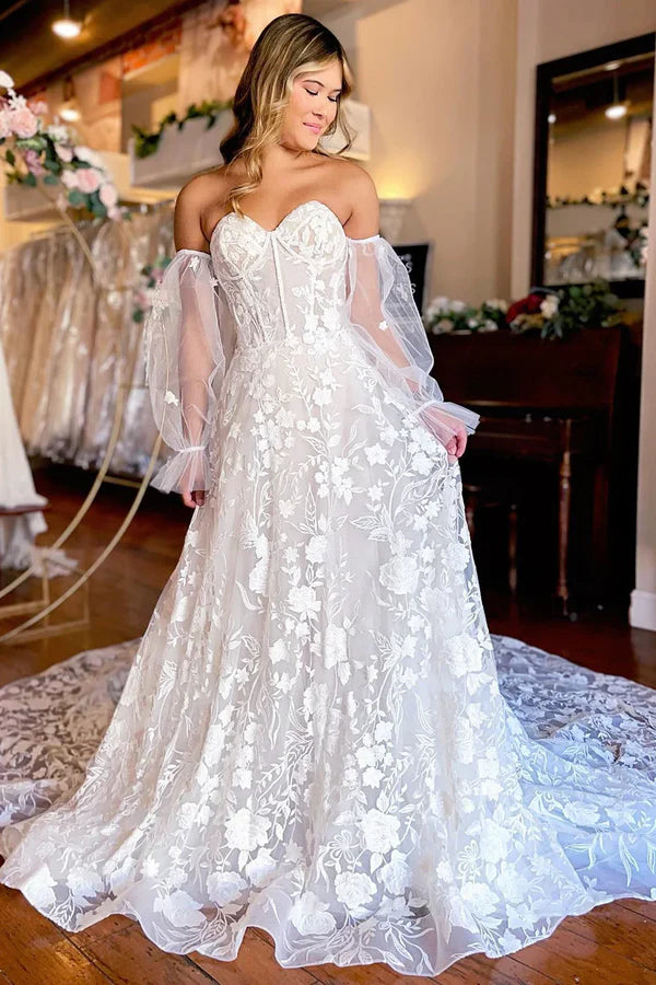 Luolandi A-Line Sweetheart Corset Long Sleeves Long Lace Wedding Dress Off Shoulder Beautiful