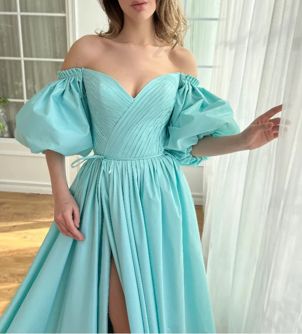 Luolandi Charming Aquamarine Gown Off Shoulder A-Line Floor-length Prom Dress Evening Dress With Slit